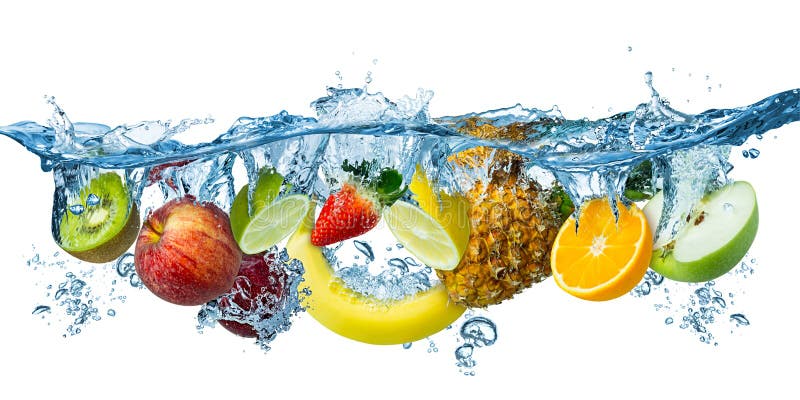 Świeże wielo- owoc bryzga w błękita jasnego wodę bryzgają zdrowy pojęcie odizolowywającego karmowej diety świeżości białego tło