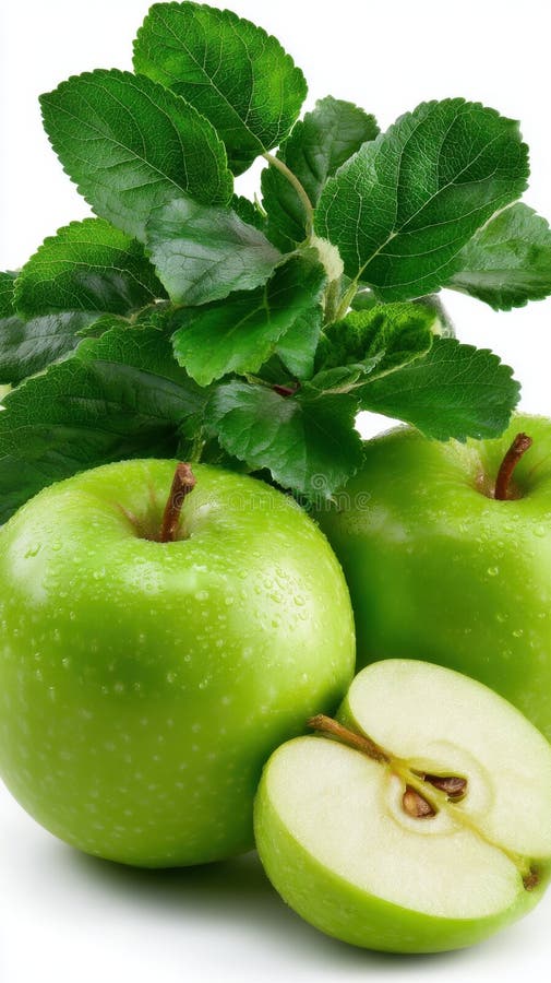 Świeże zielone jabłka z kropelkami wodnymi i zielonymi liśćmi. Zdrowe jedzenie i ekologiczna koncepcja żywności. generowane przez algorytmy sztuczne