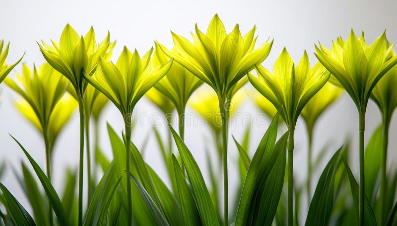 Świeże Zielone Kwiaty Hosty W Bloomie Izolowane Na Jasnym Szare Tle W Widoku Makro Close. Fresh Green Hosta Flowers In Bloom Isolated On Light Grey Background A Macro Close View Generowane przez AI