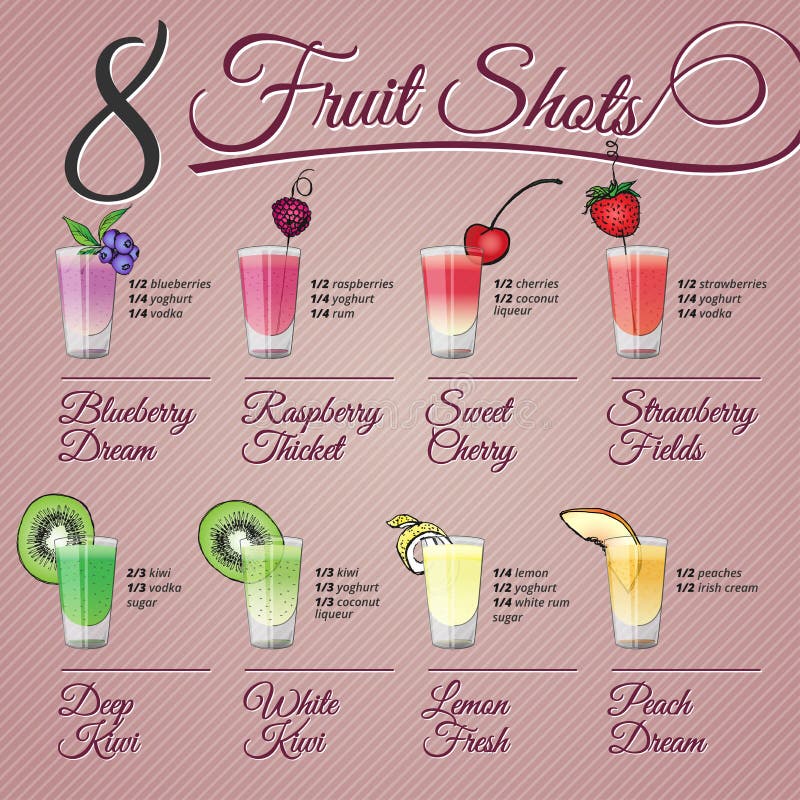 Eight fruits alcohol shots recipes and vector illustrations with fruit decorations. Eight fruits alcohol shots recipes and vector illustrations with fruit decorations.