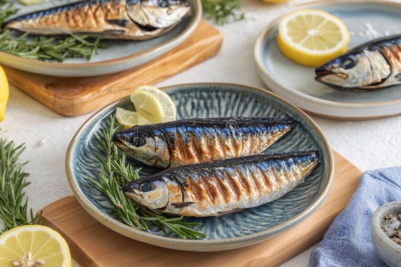 świeżo gotowany makrela obrobiona ziołami i cytryną na rustykowych drewnianych talerzach. Doskonale grillowane filety makreli spoczywają na eleganckich talerzach ozdobionych korzeniami rozmarynu i wibrujących plasterkach cytryny, ukazujących ciepłą, zachęcającą prezentację kulinarną dla miłośników owoców morza