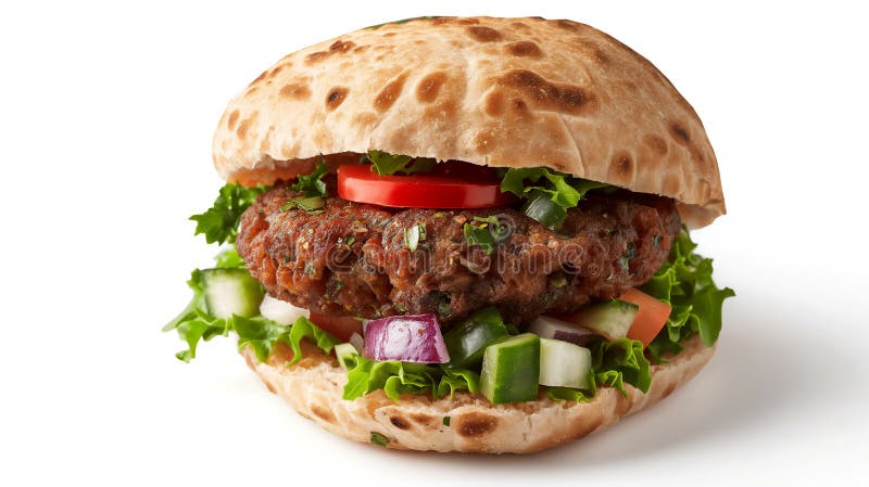 świeżo wyprodukowany burger wegetariański z ogórkiem sałatkowym i cebulą serwowaną w miękkim lekko tostowanym bułce ilustracja wektor
