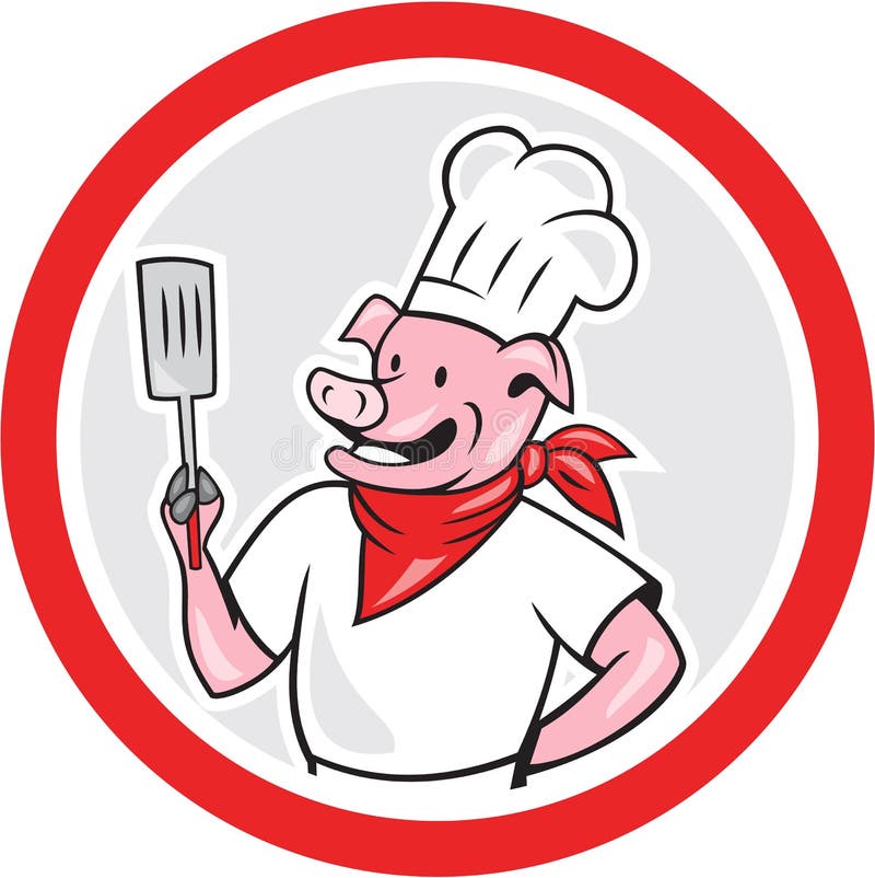 Świniowata szefa kuchni Cook mienia szpachelki okręgu kreskówka ilustracja wektor Świniowata szefa kuchni Cook mienia szpachelki okręgu kreskówka ilustracja wektor