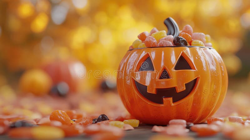 Świąteczna miska cukrowa dynia wśród jesiennych liści : wyświetlacz słodyczy halloween. Happy Halloween zdjęcie royalty free