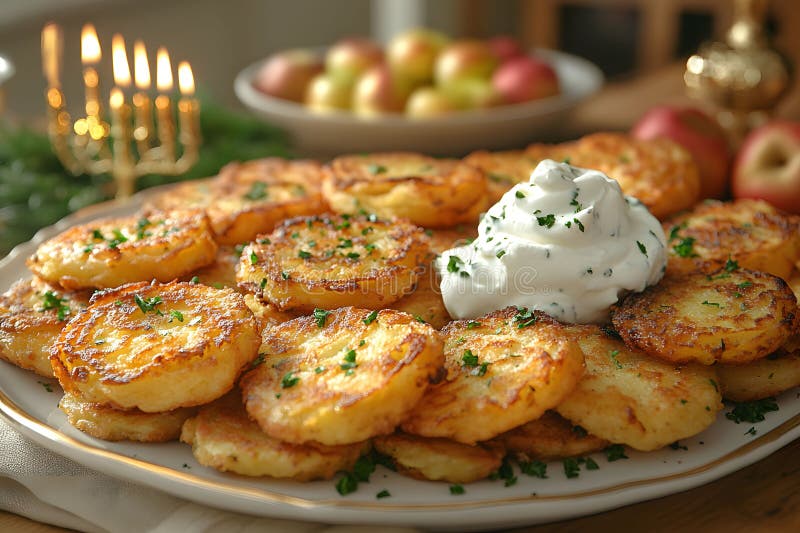 Świąteczne łuski ziemniaczane Hanukkah z Garnish Souram Cream for Celebration Generative AI ilustracja wektor