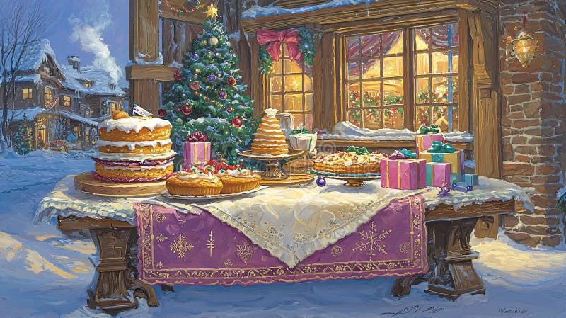 świąteczny wystawa stołowa z pysznymi latkes hanukkah gelt i świątecznymi smakami wśród zimowych krain royalty ilustracja