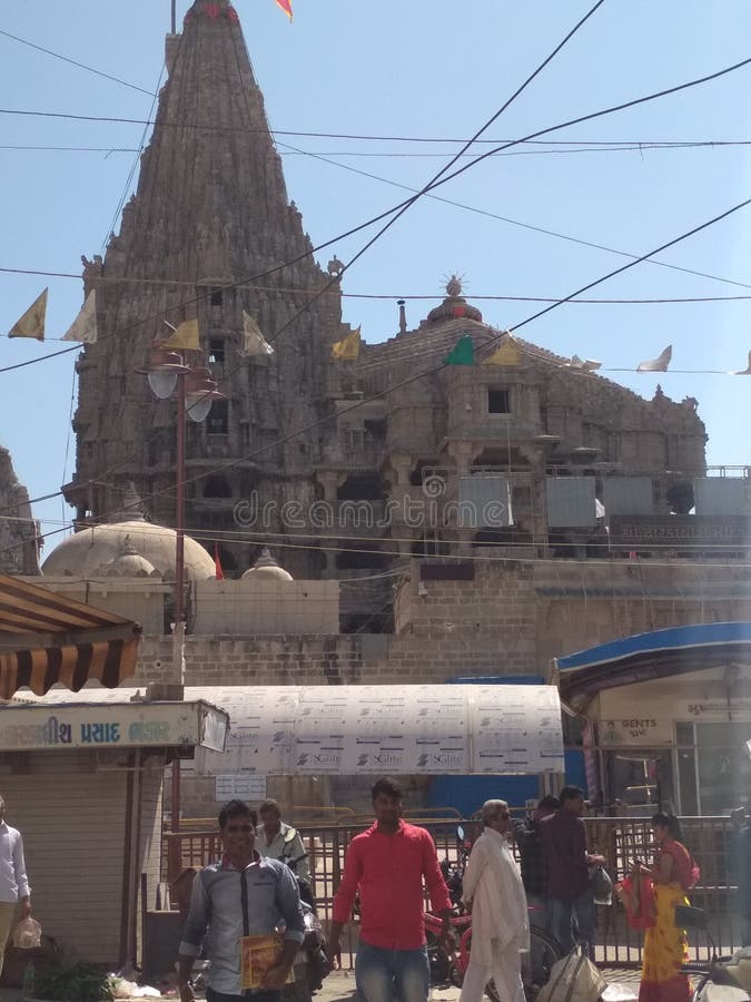 Hindu temple dedicated to the god Krishna, who is worshiped here by the name Dwarkadhish, or `King of Dwarka`. The temple is located at Dwarka, Gujarat, India. The main shrine of the five storied building, supported by 72 pillars, is known as Jagat Mandir or Nija Mandir, archaeological findings suggest it to be 2,000 - 2,200 years. Hindu temple dedicated to the god Krishna, who is worshiped here by the name Dwarkadhish, or `King of Dwarka`. The temple is located at Dwarka, Gujarat, India. The main shrine of the five storied building, supported by 72 pillars, is known as Jagat Mandir or Nija Mandir, archaeological findings suggest it to be 2,000 - 2,200 years