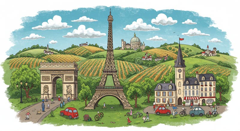 Święta ilustracja przedstawiająca francuski krajobraz z ikonicznymi strukturami : Eiffel royalty ilustracja