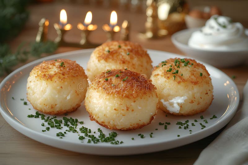 Święto Chanuka Latkes z Krem Kwaśnym i Świecami Uroczysty Kuchnia Kuchenna Generacja AI royalty ilustracja