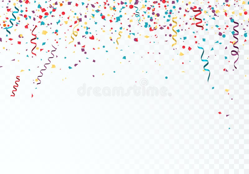 Celebration or festival colorful background template with falling paper confetti and ribbons. Vector illustration isolated on transparent background. Celebration or festival colorful background template with falling paper confetti and ribbons. Vector illustration isolated on transparent background