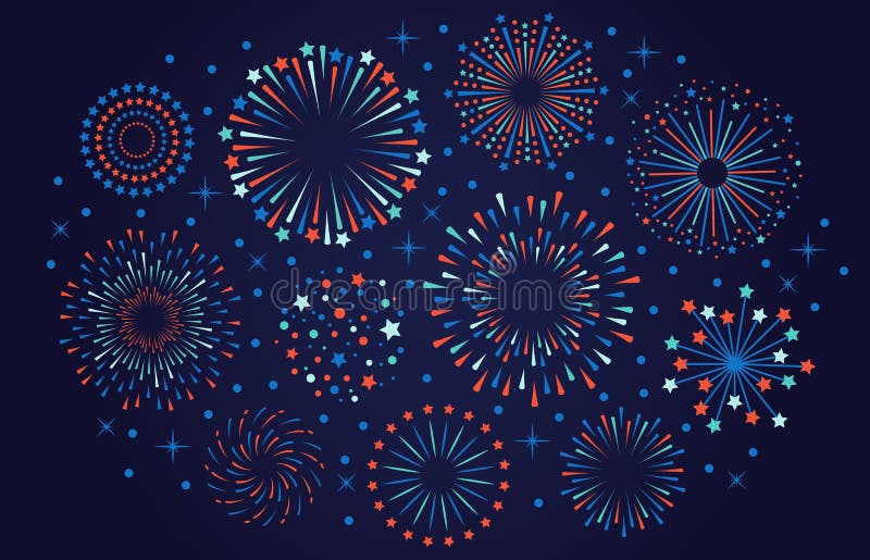 Celebration 4th July USA fireworks. Festival firecracker, colorful fireworks explosions, carnival party firework vector illustration. Firework celebration explosion, explosive firecracker. Celebration 4th July USA fireworks. Festival firecracker, colorful fireworks explosions, carnival party firework vector illustration. Firework celebration explosion, explosive firecracker