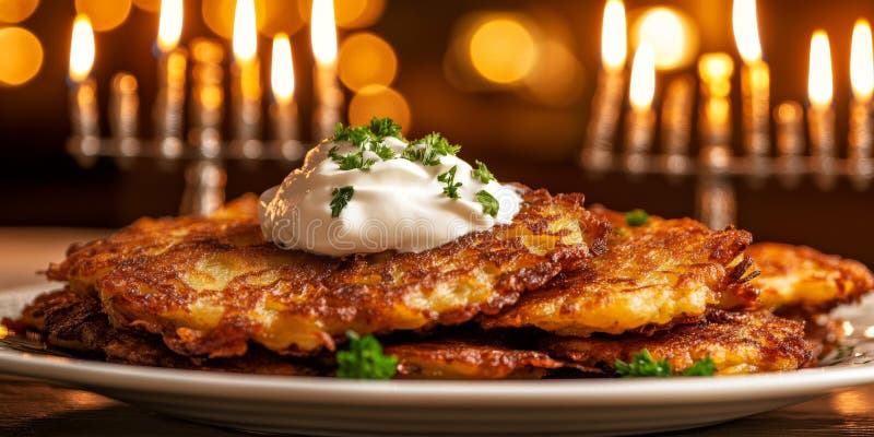 Świętowanie hanukkah z chrupiącymi latkesami ziemniaczanymi i kwaśnymi śmietankami ilustracji