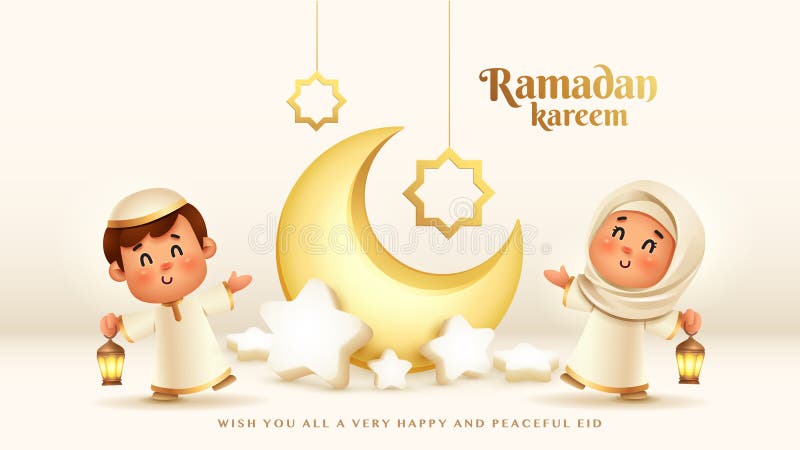 świętowanie islamskiego ramadana kareema : radosne dzieci z latarniami i księżycem półksiężyca ilustracja wektor