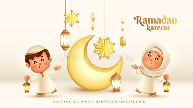 świętowanie islamskiego ramadana kareema : radosne dzieci z latarniami i księżycem półksiężyca ilustracji