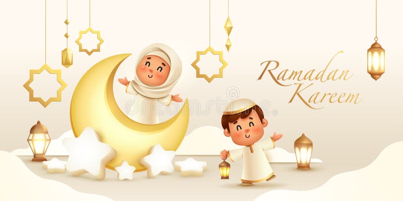 świętowanie islamskiego ramadana kareema : radosne dzieci z latarniami i księżycem półksiężyca royalty ilustracja