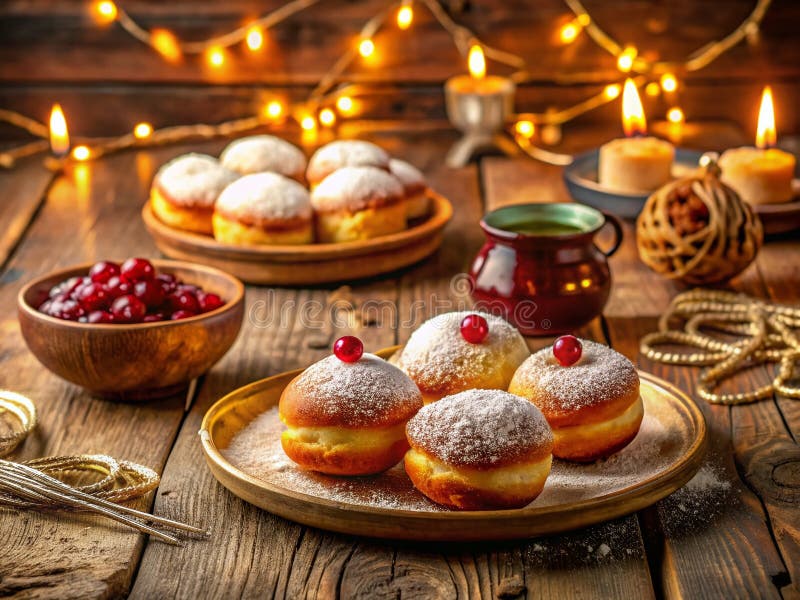 Świętuj Chanukę pysznymi smażonymi smakołykami: Sufganiyot i Latkes – świąteczna uczta na Święto Świateł royalty ilustracja