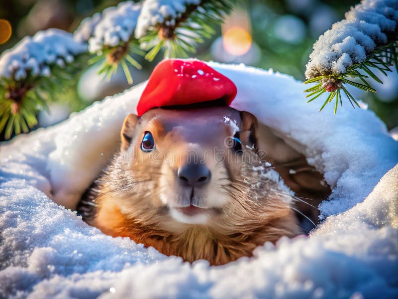 Święty Groundhog prognozuje Winters End Adorable Rodent Peeking z Snowy Burrow w świątecznym kapeluszu royalty ilustracja