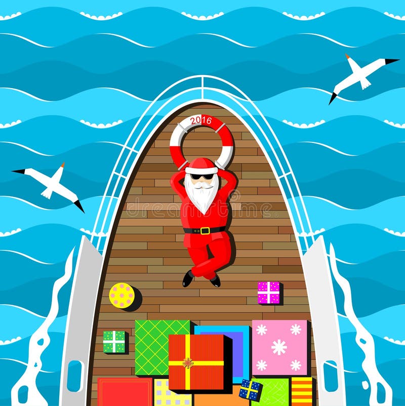 Santa Claus carries gifts lying on the deck of the yacht at sea. Santa Claus carries gifts lying on the deck of the yacht at sea.