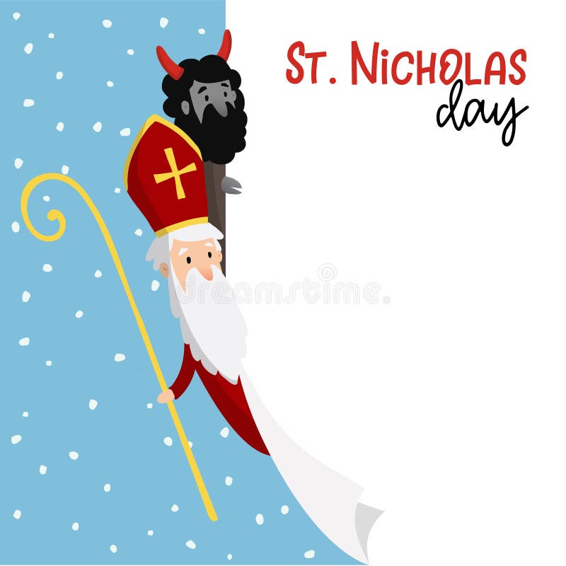 Święty Nicholas z diabłem i spada śniegiem Śliczna Bożenarodzeniowa zaproszenie karta, sieć sztandar z pustą listą papier wektor ilustracja wektor Święty Nicholas z diabłem i spada śniegiem Śliczna Bożenarodzeniowa zaproszenie karta, sieć sztandar z pustą listą papier wektor ilustracja wektor