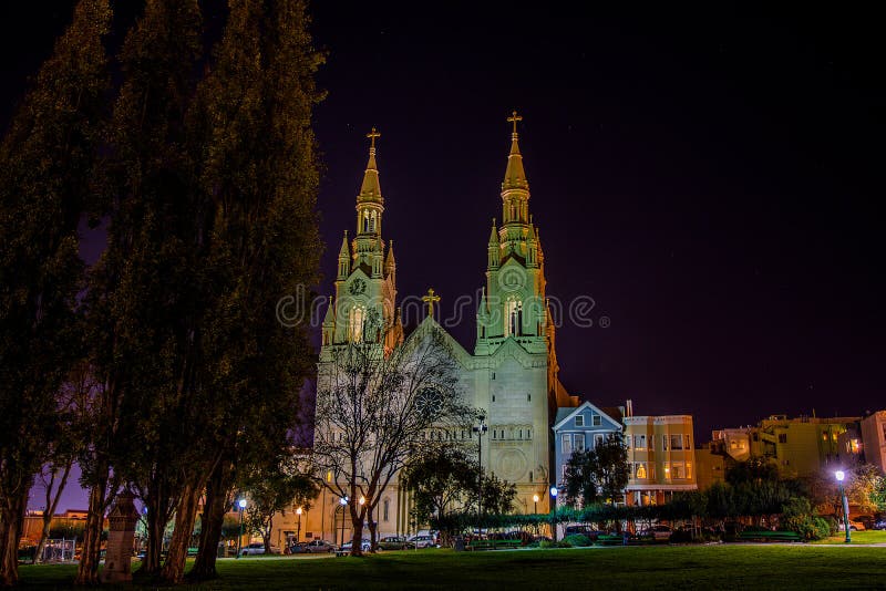 Saints Peter and Paul Church at night in San Francisco, CA. In North Beach near Washington Square, a Popular Destination on the California-Central-Coast. Saints Peter and Paul Church at night in San Francisco, CA. In North Beach near Washington Square, a Popular Destination on the California-Central-Coast