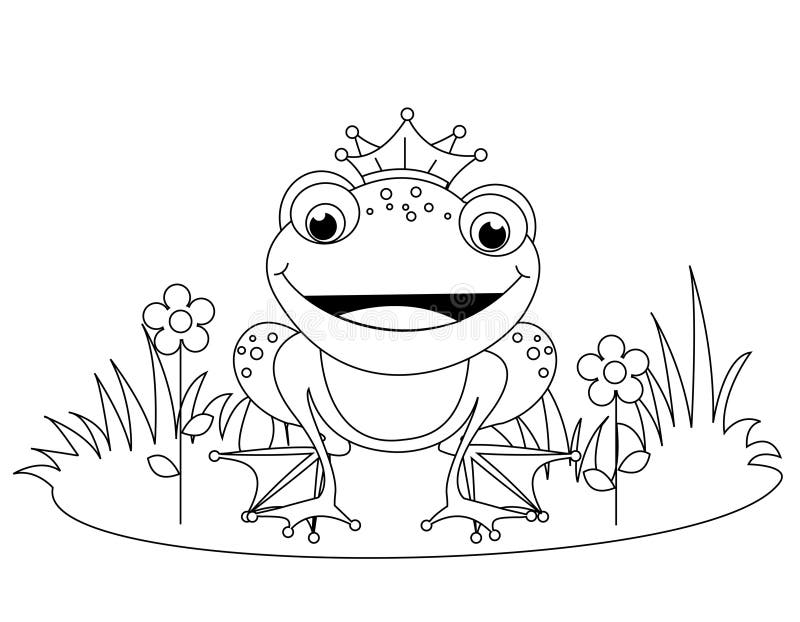 Coloring book illustration of a cute little happy frog prince with a crown. Coloring book illustration of a cute little happy frog prince with a crown