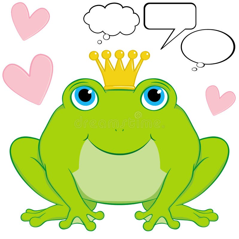 Cute frog prince cartoon character sitting wearing a crown. Surrounding him are hearts to represent love is in the air. Included are some speech and thought bubbles. Gradient free illustration. Cute frog prince cartoon character sitting wearing a crown. Surrounding him are hearts to represent love is in the air. Included are some speech and thought bubbles. Gradient free illustration.