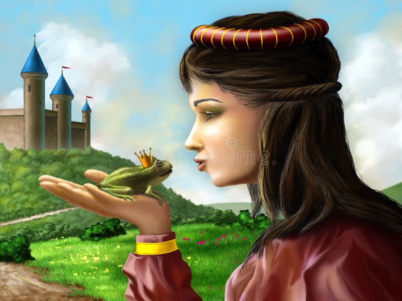 Young princess kissing a frog sitting on her hand. Digital illustration. Young princess kissing a frog sitting on her hand. Digital illustration.