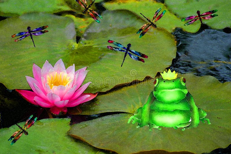 A frog prince in a lily pond illustration. A frog prince in a lily pond illustration.