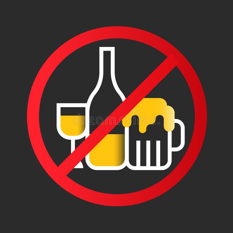 Żadny alkohol ikony znak z białym żółtego wina szkłem, trunek butelka, Piwny szkło w czerwonego okrąg przerwy znaka wektorowym pr