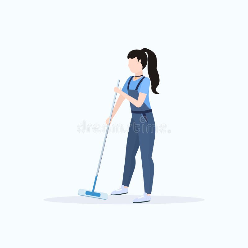 Żeński janitor w jednolitym mopping podłogowej kobiety mienia czystym kwaczu czyści usługowego pojęcie folował długość płaskiego royalty ilustracja Żeński janitor w jednolitym mopping podłogowej kobiety mienia czystym kwaczu czyści usługowego pojęcie folował długość płaskiego royalty ilustracja
