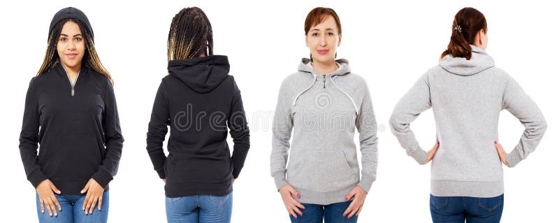 Żeński kapiszon ustawiający odizolowywającym nad białym tłem, popielaty kapiszon odizolowywający czarny hoodie egzamin próbny w g obrazy royalty free Żeński kapiszon ustawiający odizolowywającym nad białym tłem, popielaty kapiszon odizolowywający czarny hoodie egzamin próbny w g obrazy royalty free