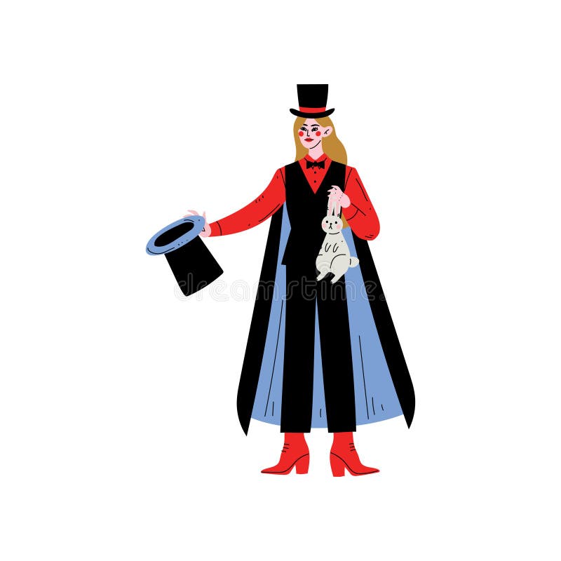 Żeński magika charakter Trzyma Odgórnego kapeluszu i królika wektoru ilustrację ilustracji Żeński magika charakter Trzyma Odgórnego kapeluszu i królika wektoru ilustrację ilustracji