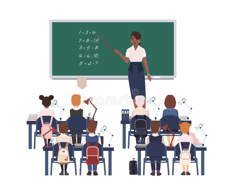 Female math teacher explaining summation to elementary school kids or pupils. Smiling african american woman teaching mathematics or arithmetic to children sitting in class. Vector illustration. Female math teacher explaining summation to elementary school kids or pupils. Smiling african american woman teaching mathematics or arithmetic to children sitting in class. Vector illustration