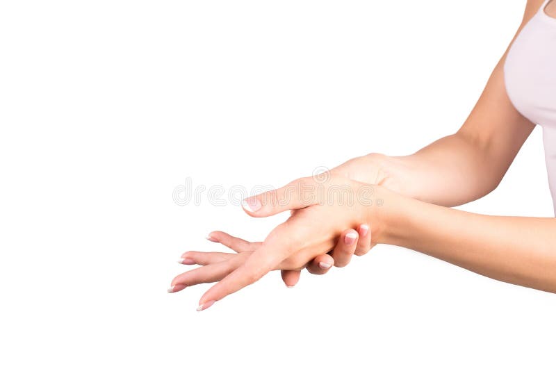 Żeńskie ręki z francuskim klasycznym manicure'em Kobieta wyciera jej ręki, biały tło, zbliżenie zdjęcia royalty free Żeńskie ręki z francuskim klasycznym manicure'em Kobieta wyciera jej ręki, biały tło, zbliżenie zdjęcia royalty free