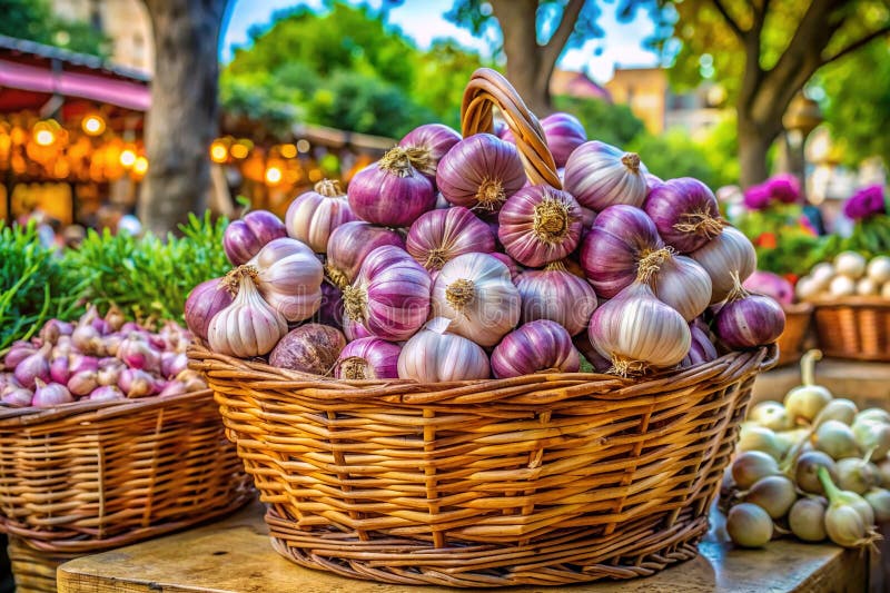 Żniwa żarówka fioletowa czosnkowa w Rustic Provence Basket smak francuskiego hrabstwa ilustracji