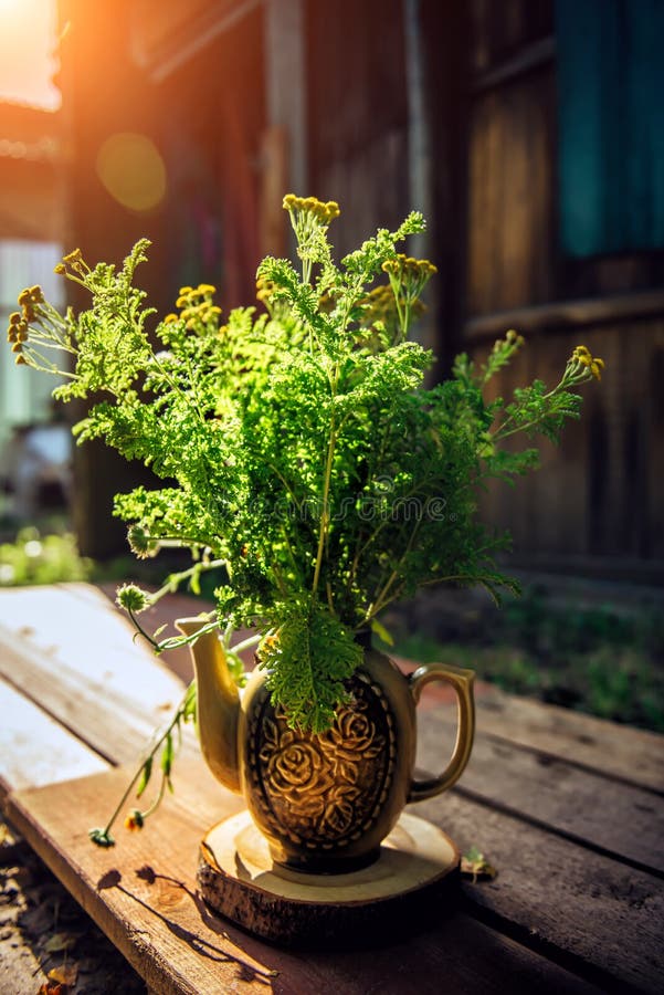 Życie w rustyku z bukietem dzikich kwiatów w ceramicznym wazonie na tle drewnianych budynków obraz stock Życie w rustyku z bukietem dzikich kwiatów w ceramicznym wazonie na tle drewnianych budynków obraz stock