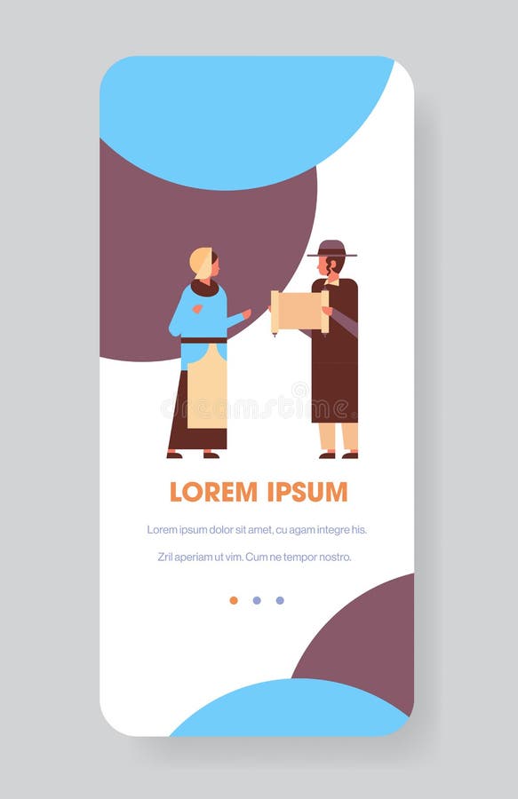 Jews couple reading torah jewish man woman in traditional clothes standing together happy hanukkah judaism religious holidays concept full length vertical vector illustration. Jews couple reading torah jewish man woman in traditional clothes standing together happy hanukkah judaism religious holidays concept full length vertical vector illustration