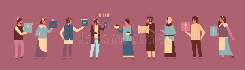 Jews people standing together jewish men women in traditional clothes happy hanukkah concept judaism religious holidays celebration full length horizontal vector illustration. Jews people standing together jewish men women in traditional clothes happy hanukkah concept judaism religious holidays celebration full length horizontal vector illustration