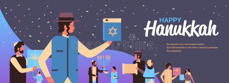 Jews people standing together jewish men women in traditional clothes happy hanukkah concept judaism religious holidays celebration portrait horizontal copy space vector illustration. Jews people standing together jewish men women in traditional clothes happy hanukkah concept judaism religious holidays celebration portrait horizontal copy space vector illustration