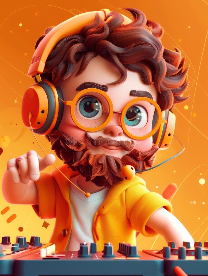 żywe ilustracje 3d dj łączące muzykę z jasnymi pomarańczowymi słuchawkami oraz szklankami energetyczną i zabawną cyfrową grafiką ilustracji