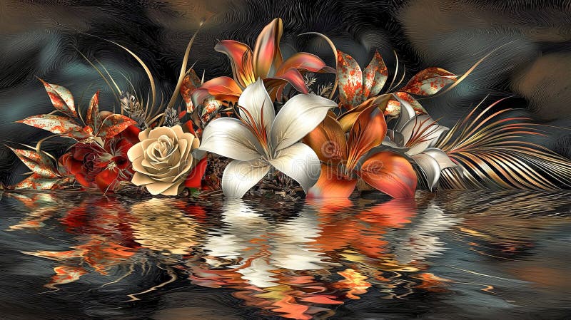Żywe Kwiatowe Sztuki Układowe Z Refleksjami Na Powierzchni Wody Obrazujące Lush Red and White Blooms Leaves fotografia stock