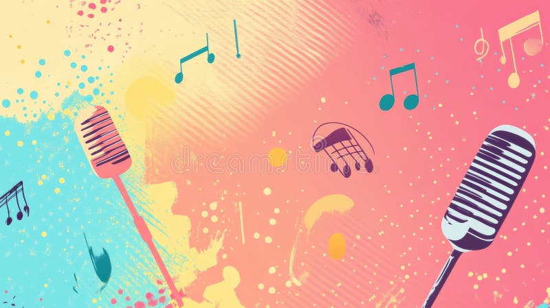 Żywe minimalistyczne K pop inspirowane tłem z nutami i mikrofonami. Generacyjna AI obraz royalty free