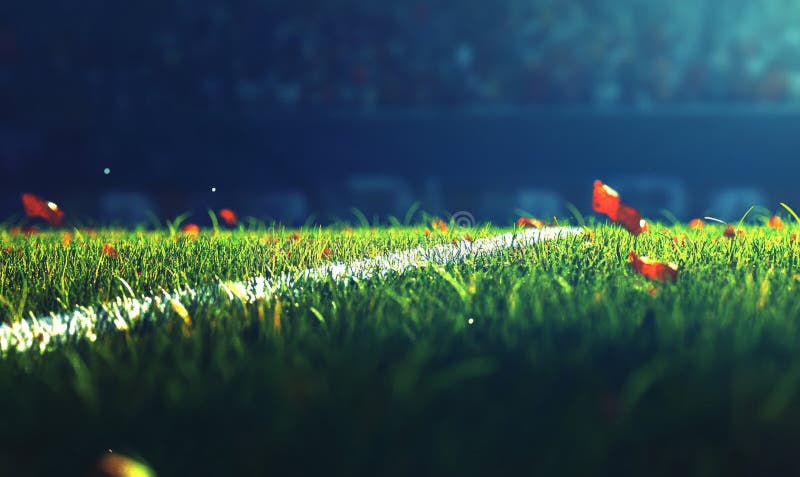 Żywe zielone boisko i światła stadionu ustawiają scenę na nocną grę profesjonalnej futbolu amerykańskiego obrazy stock
