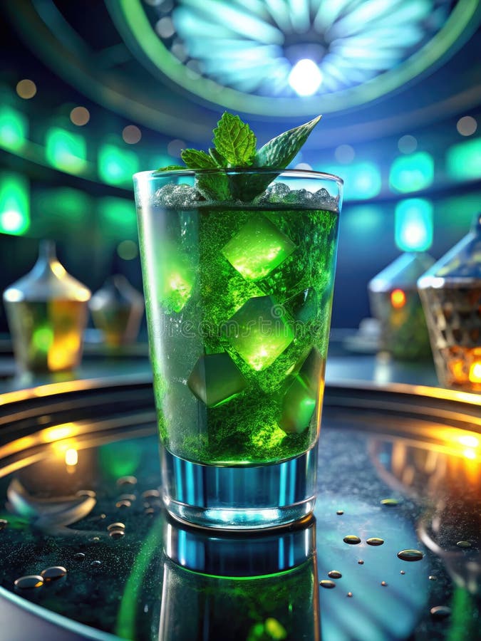 Żywe zielone matcha mojito serwowane świeżymi liśćmi mięty w luksusowej scenie ilustracja wektor