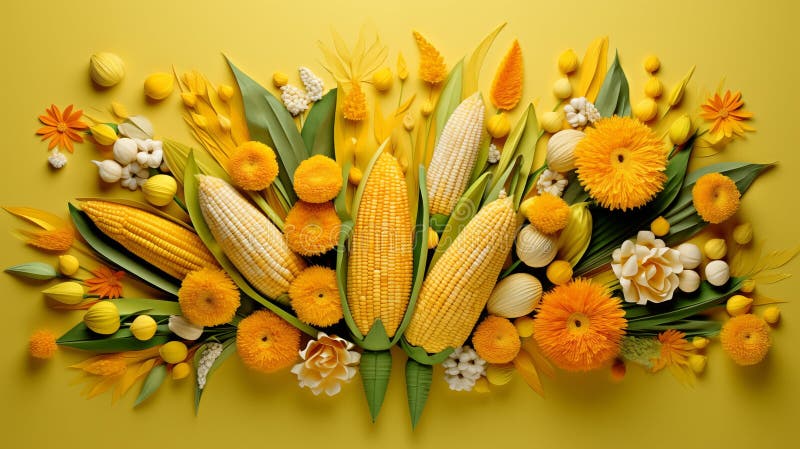 a vibrant yellow backdrop, neatly arranged corn cobs and kernels forming an artful display, AI-generated. a vibrant yellow backdrop, neatly arranged corn cobs and kernels forming an artful display, AI-generated