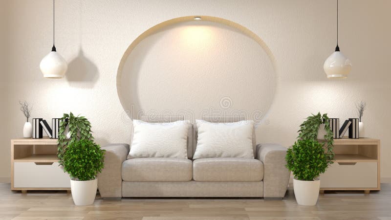 Żywego izbowego zen wewnętrzna dekoracja na półki ściany egzaminie próbnym z w górę kanapy i poduszek na bielu ?wiadczenia 3 d ilustracji Żywego izbowego zen wewnętrzna dekoracja na półki ściany egzaminie próbnym z w górę kanapy i poduszek na bielu ?wiadczenia 3 d ilustracji