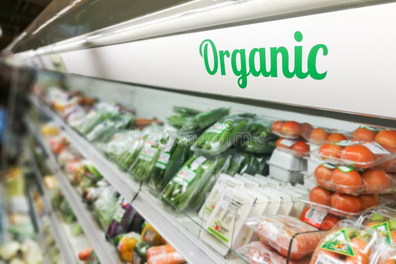 Żywności organicznej signage na nowożytnym supermarketa świeżego produkt spożywczy vegetab