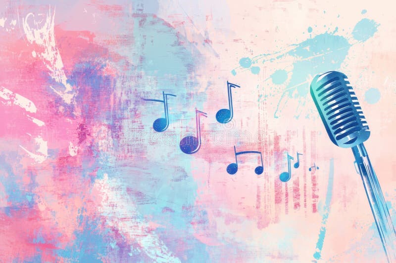 Żywy minimalista K pop inspired tło z nutami muzycznymi i mikrofonem. Generacyjna AI obrazy royalty free