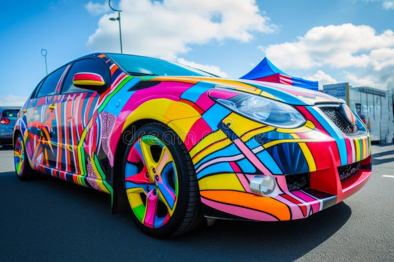 żywy różowy samochód z oszałamiającą i wychwytującą farbą robotą. zbliżyć samochód graffiti do miasta ilustracja wektor