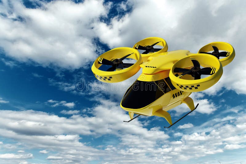żółta latająca taksówka na niebo miasto dron transportu elektrycznego. samochód z śrubami i czystym powietrzem. mieszana kopia mul
